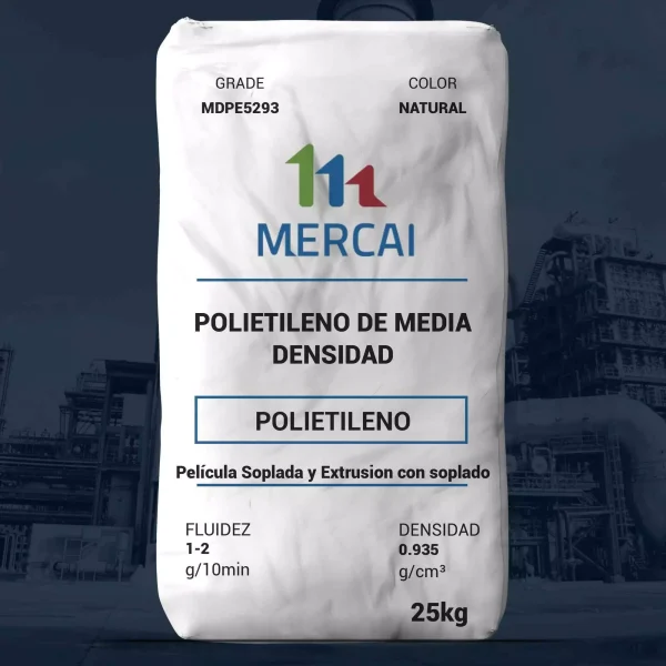 Nombre del producto: PE - LLDPE - MFI1 - MERCAI - OG 1-2 Categoría: Polietileno Marca: MERCAI Color: Natural Tamaño: 25 kg Características: - Material: Polietileno de media densidad - Aplicaciones: Película soplada y extrusión, laminado, liners delgados, bolsas de compras, bolsas de transporte, bolsas de basura, películas coextruidas, empaques para consumidores, aplicaciones de propósito general Especificaciones: - Fluidez (Melt Flow Rate) a 190 °C y 2.16 kg: 1 - 2 g/10 min - Densidad: 935 kg/m³ - Resistencia a la tracción (Strength at Yield TD): 11 MPa - Estrés al fallo (Stress at break, MD): 40 MPa - Haze: 11% - Brillo (Gloss 45°): 2.8% - Resistencia al impacto Dart: 85 g - Módulo secante al 1% (1% secant modulus, MD): 195 MPa Notas: - Los valores presentados son nominales y tienen como objetivo proporcionar datos precisos, aunque se exime de responsabilidad por parte de The Plastics Exchange. - Página web: www.theplasticsexchange.com Elementos diferenciadores: - Versatilidad para diversas aplicaciones de empaques y presentación en bolsa de 25 kg.
