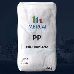 Nombre del producto: PP - POLIPROPILENO Categoría: Polipropileno Marca: MERCAI Material: Polipropileno Capacidad: 25 kg Fluidez: 12 g/10min Detalles visuales: - Color: Blanco - Forma: Saco - Designación del producto: PP (Polipropileno) - Texto visible: MERCAI, PP, POLIPROPILENO, FLUIDEZ, 12 g/10min Diferenciadores técnicos: - Indicación de fluidez implicando propiedades del material - Tamaño del saco (25 kg) adecuado para aplicaciones industriales o de manufactura