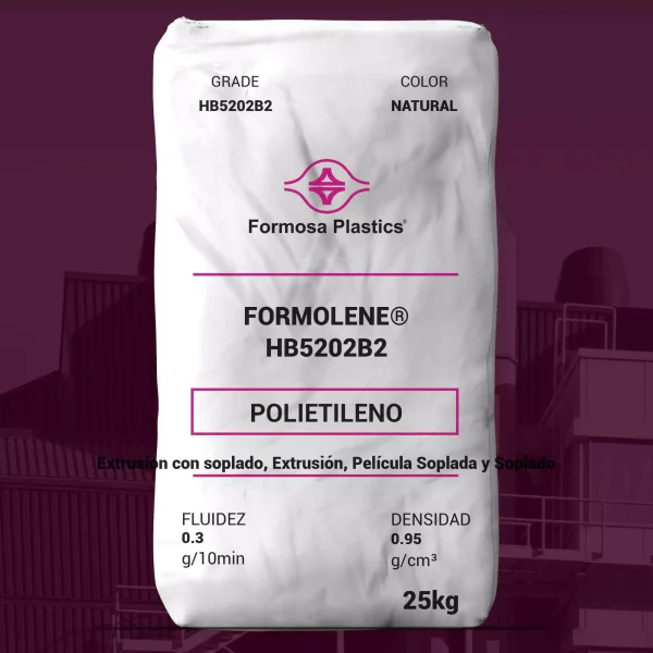 Nombre del producto: Formolene® HB5202B2 Categoría: Polietileno Marca: Formosa Plastics Color: Natural Peso: 25 kg Propiedades físicas nominales: - Densidad: 0.95 g/cm³ - Fluidez: 0.3 g/10 min Aplicaciones sugeridas: - Extrusión con soplado - Extrusión - Película soplada - Contenedores - Productos moldeados - Aplicaciones industriales (químicos, detergentes, etc.) Características destacadas: - Excelente rigidez - Alta resistencia al impacto - Resistencia al agrietamiento por esfuerzos - Cumple con normas de la FDA para contacto con alimentos Estos detalles son clave para la generación de atributos y categorización del producto en plataformas de e-commerce.