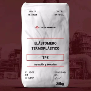 Nombre del producto: TPE - TEKNORAPEX - TELCAR TL-2460F Categoría: Elastómero Termoplástico Marca: Teknor Apex **Características principales:** - Color: Natural - Grado: TL-2460F - Densidad: 0.9 g/cm³ - Fluidez (Melt Mass-Flow Rate): 20 g/10 min - Tamaño del envase: 25 kg **Descripción:** Telcar TL-2460F es un elastómero termoplástico de propósito general, adecuado para aplicaciones industriales. Presenta una densidad media y una dureza media, siendo apto tanto para moldeo por inyección como para extrusión. **Usos:** - Grommets - Piezas industriales - Reemplazo de goma **Cumplimiento:** - RoHS Compliant **Métodos de procesamiento:** - Extrusión - Moldeo por inyección **Propiedades Físicas:** - Resistencia a la tracción: 830 psi - Alargamiento: 700% - Resistencia a la tecla: 128 lbf/in (a través del flujo) **Temperaturas de procesamiento recomendadas:** - Temperatura de inyección: 370 a 410 °F - Temperatura de extrusión: 330 a 400 °F