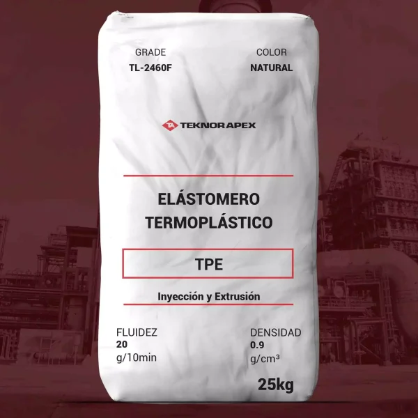 Nombre del producto: TPE - TEKNORAPEX - TELCAR TL-2460F Categoría: Elastómero Termoplástico Marca: Teknor Apex **Características principales:** - Color: Natural - Grado: TL-2460F - Densidad: 0.9 g/cm³ - Fluidez (Melt Mass-Flow Rate): 20 g/10 min - Tamaño del envase: 25 kg **Descripción:** Telcar TL-2460F es un elastómero termoplástico de propósito general, adecuado para aplicaciones industriales. Presenta una densidad media y una dureza media, siendo apto tanto para moldeo por inyección como para extrusión. **Usos:** - Grommets - Piezas industriales - Reemplazo de goma **Cumplimiento:** - RoHS Compliant **Métodos de procesamiento:** - Extrusión - Moldeo por inyección **Propiedades Físicas:** - Resistencia a la tracción: 830 psi - Alargamiento: 700% - Resistencia a la tecla: 128 lbf/in (a través del flujo) **Temperaturas de procesamiento recomendadas:** - Temperatura de inyección: 370 a 410 °F - Temperatura de extrusión: 330 a 400 °F