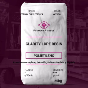 Nombre del producto: Formolene® FC2502A Categoría: Polietileno Marca: Formosa Plastics Color: Natural Tamaño: 25 kg Características físicas: - Fluidez: 2 g/10 min - Densidad: 0.92 g/cm³ Aplicaciones sugeridas: - Films de alta claridad - Bolsas para pan - Films para congelación - Bolsas para ensaladas - Empaque de alimentos - Films de laminación - Empaque textil - Films para empaques de presentación - Films de contracción de baja resistencia - Empaque tipo "Form Fill and Seal" - Bolsas de correo Diferenciadores técnicos: - Resin formulated with slip and antiblock - Buen equilibrio de propiedades ópticas y mecánicas - Ideal para aplicaciones de film con excelente procesamiento de extrusión Notas: - Propiedades basadas en films de 1.18 mil (30 micrones) de grosor. - Las propiedades reales pueden variar según el equipo de extrusión y las condiciones operativas.