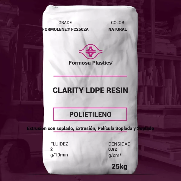 Nombre del producto: Formolene® FC2502A Categoría: Polietileno Marca: Formosa Plastics Color: Natural Tamaño: 25 kg Características físicas: - Fluidez: 2 g/10 min - Densidad: 0.92 g/cm³ Aplicaciones sugeridas: - Films de alta claridad - Bolsas para pan - Films para congelación - Bolsas para ensaladas - Empaque de alimentos - Films de laminación - Empaque textil - Films para empaques de presentación - Films de contracción de baja resistencia - Empaque tipo "Form Fill and Seal" - Bolsas de correo Diferenciadores técnicos: - Resin formulated with slip and antiblock - Buen equilibrio de propiedades ópticas y mecánicas - Ideal para aplicaciones de film con excelente procesamiento de extrusión Notas: - Propiedades basadas en films de 1.18 mil (30 micrones) de grosor. - Las propiedades reales pueden variar según el equipo de extrusión y las condiciones operativas.