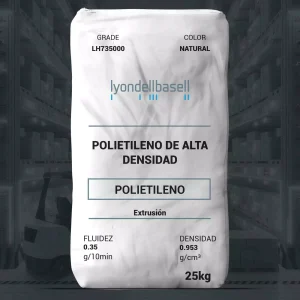 Nombre del producto: PE - HDPE - MFI0.35 - LYONDELLBASELL - PETROTHENE LH735000 Categoría: Polietileno Atributos del producto: - Material: Polietileno de alta densidad - Color: Natural - Tamaño: 25 kg Propiedades técnicas: - Fluidez (Melt Flow Rate): 0.35 g/10 min (a 190°C/2.16 kg) - Densidad: 0.953 g/cm³ Uso y funcionalidad: - Aplicaciones: Botellas para productos de consumo y uso industrial. - Proceso: Extrusión por soplado (Extrusion Blow Molding). Marca: LyondellBasell Modelo: LH735000