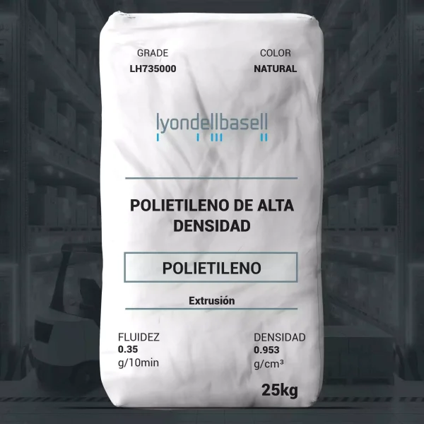 Nombre del producto: PE - HDPE - MFI0.35 - LYONDELLBASELL - PETROTHENE LH735000 Categoría: Polietileno Atributos del producto: - Material: Polietileno de alta densidad - Color: Natural - Tamaño: 25 kg Propiedades técnicas: - Fluidez (Melt Flow Rate): 0.35 g/10 min (a 190°C/2.16 kg) - Densidad: 0.953 g/cm³ Uso y funcionalidad: - Aplicaciones: Botellas para productos de consumo y uso industrial. - Proceso: Extrusión por soplado (Extrusion Blow Molding). Marca: LyondellBasell Modelo: LH735000
