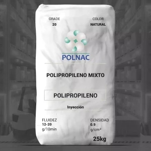 Nombre del producto: PP - PTG - MFI12 - POLNAC - PTG-PPM 20 Categoría: Polipropileno Marca: POLNAC Descripción del producto: - Tipo: Polipropileno mixto, pellets - Color: Natural - Grado: 20 Especificaciones técnicas: - Fluidez: 12-20 g/10 min - Densidad: 0.9 g/cm³ Información de uso: - Aplicaciones: - Inyección - Extrusión - Extrusión soplo - Inyección soplo - Empaque rígido - Cuidado personal - Electrodomésticos - Automotriz - Médico y farmacéutico - Industrial - Construcción - Empaque flexible - Agrícola - Consumo - Calzado y textil Condiciones de almacenamiento: - Almacenar en un lugar seco y libre de polvo. - No exponer a intemperie, radiación solar directa, disolventes o fuentes de ignición. - Usar dentro de los 12 meses posteriores a la compra. Requisitos de proceso: - Temperatura mínima de proceso: 220 °C - Temperatura máxima de proceso: 240 °C Cumplimiento: - Pruebas y resultados utilizando métodos de laboratorio. - Polímeros Nacionales, S.A. de C.V. no proporciona garantías explícitas o implícitas. Información adicional: - Folio: HT-SLP008 - Edición: 01/23 - Versión: PTG-PPM 20