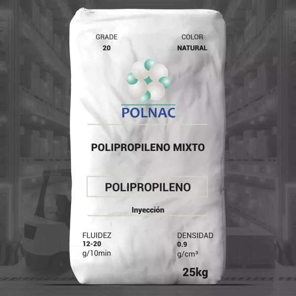 Nombre del producto: PP - PTG - MFI12 - POLNAC - PTG-PPM 20 Categoría: Polipropileno Marca: POLNAC Descripción del producto: - Tipo: Polipropileno mixto, pellets - Color: Natural - Grado: 20 Especificaciones técnicas: - Fluidez: 12-20 g/10 min - Densidad: 0.9 g/cm³ Información de uso: - Aplicaciones: - Inyección - Extrusión - Extrusión soplo - Inyección soplo - Empaque rígido - Cuidado personal - Electrodomésticos - Automotriz - Médico y farmacéutico - Industrial - Construcción - Empaque flexible - Agrícola - Consumo - Calzado y textil Condiciones de almacenamiento: - Almacenar en un lugar seco y libre de polvo. - No exponer a intemperie, radiación solar directa, disolventes o fuentes de ignición. - Usar dentro de los 12 meses posteriores a la compra. Requisitos de proceso: - Temperatura mínima de proceso: 220 °C - Temperatura máxima de proceso: 240 °C Cumplimiento: - Pruebas y resultados utilizando métodos de laboratorio. - Polímeros Nacionales, S.A. de C.V. no proporciona garantías explícitas o implícitas. Información adicional: - Folio: HT-SLP008 - Edición: 01/23 - Versión: PTG-PPM 20