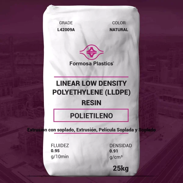 Nombre del producto: PE - LLDPE - MFI0.95 - FORMOSA - FORMOLENE L42009A Categoría: Polietileno Marca: Formosa Plastics Color: Natural Tamaño del envase: 25 kg Propiedades Físicas Nominales: - Densidad: 0.91 g/cm³ - Fluidez (Melt Index): 0.95 g/10 min Aplicaciones Sugeridas: - Mezcla de Resina - Forros Industriales - Empaque Industrial - Bolsas para Prendas - Co-extrusión Características Técnicas: - Tipo: Polietileno de Baja Densidad Lineal (LLDPE) - Uso: Extrusión de películas (soplado y sólida) - Cumple con requisitos de FDA para contacto con alimentos Diferenciadores: - Alta resistencia y tenacidad, especialmente en gauges delgados - Amplia gama de paquetes de aditivos disponibles. Nota: Las propiedades de la película se basan en una película soplada de 25 micrones producida con una relación de expansión 2.5:1. Las propiedades reales pueden variar dependiendo de las condiciones operativas y los paquetes de aditivos.