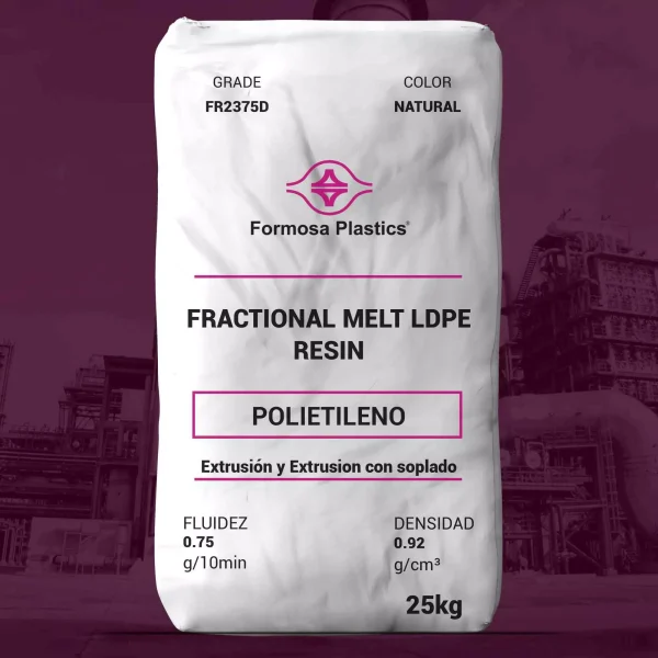 Nombre del producto: Formolene® FR2375D Categoría: Polietileno Marca: Formosa Plastics Color: Natural Peso: 25 kg Características técnicas: - Fluidez: 0.75 g/10 min - Densidad: 0.92 g/cm³ Uso y funcionalidad: Producto formulado para películas, exhibiendo buenas propiedades mecánicas y ópticas. Usado en aplicaciones de extrusión y soplado. Aplicaciones sugeridas: - Película agrícola - Película de colación en retracción - Película de retracción de mediana resistencia - Películas de coextrusión - Películas para congelador - Embalaje de Form Fill and Seal Propiedades nominales físicas: - La película tiene propiedades basadas en grosor de 1.97 mil (50 micrones) producido con un dado de 7.9 pulgadas (200 mm). - El rendimiento real puede variar según el equipo de extrusión y condiciones operativas.