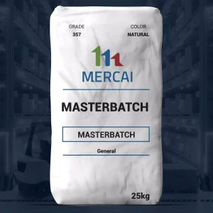 Nombre del producto: MB - MERCALENE - NEGRO MB357 Categoría: Masterbatch Atributos del producto: - Marca: MERCAI - Color: Natural - Grado: 357 - Capacidad: 25 kg - Tipo de producto: Masterbatch - Uso: Aditivo para la producción de plásticos, utilizado para mejorar la mezcla de colores y propiedades en los materiales plásticos. Detalles técnicos: - No se observan conectores, botones o características adicionales visibles en la imagen. - Presentación: Embalaje tipo saco. Diferenciadores: - Producto especializado para la industria del plástico. - Indicación de calidad garantizada por la mención del grado. Transcripción de texto visible: - "GRADE 357" - "COLOR NATURAL" - "MASTERBATCH" - "General" - "25kg"