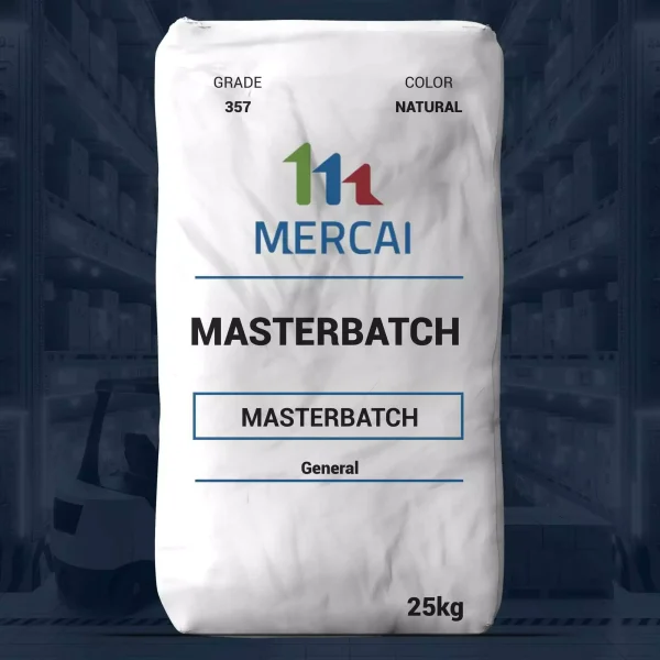 Nombre del producto: MB - MERCALENE - NEGRO MB357 Categoría: Masterbatch Atributos del producto: - Marca: MERCAI - Color: Natural - Grado: 357 - Capacidad: 25 kg - Tipo de producto: Masterbatch - Uso: Aditivo para la producción de plásticos, utilizado para mejorar la mezcla de colores y propiedades en los materiales plásticos. Detalles técnicos: - No se observan conectores, botones o características adicionales visibles en la imagen. - Presentación: Embalaje tipo saco. Diferenciadores: - Producto especializado para la industria del plástico. - Indicación de calidad garantizada por la mención del grado. Transcripción de texto visible: - "GRADE 357" - "COLOR NATURAL" - "MASTERBATCH" - "General" - "25kg"