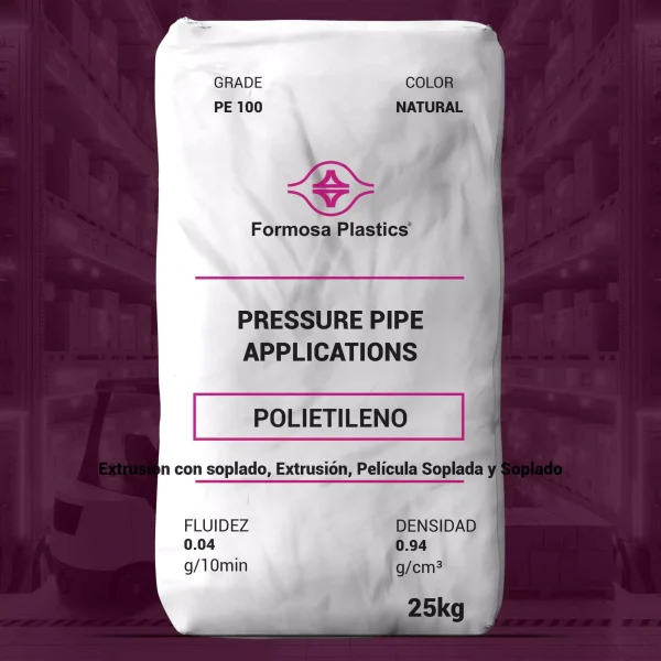 Nombre del producto: Formolene® E6210A Categoría: Polietileno (PE 100) Marca: Formosa Plastics **Características del producto:** - **Color:** Natural - **Tipo de producto:** Resina de polietileno de alta densidad (HDPE) - **Aplicaciones sugeridas:** Sistemas de tuberías a presión, agua potable, recolección y distribución de petróleo y gas, aplicaciones químicas, industriales y de minería, sistemas de alcantarillado **Propiedades Nominales:** - **Fluidez (Melt Index):** 0.04 g/10 min - **Densidad:** 0.94 g/cm³ **Propiedades mecánicas:** - **Tensile Yield Strength:** >3,500 psi (>24 MPa) - **Elongación al romper:** >600% - **Módulo de flexión (1% Secant):** >135,000 psi (>931 MPa) **Estabilidad térmica:** - **Temperatura de estabilidad:** >500°F (260°C) **Otros elementos técnicos:** - **Brittleness Temperature:** <-95°F (<-70°C) - **Notched Izod Impact a 23°C:** 9.1 ft·lb/in (490 J/m) Este producto es adecuado para aplicaciones que requieren alta durabilidad y resistencia, cumpliendo con normas de calidad para uso en sistemas de agua potable y otras aplicaciones industriales.