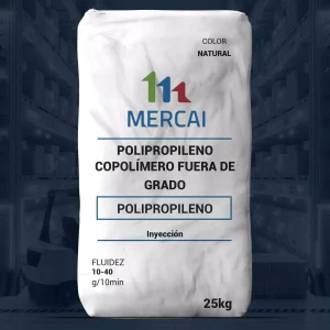 Nombre del producto: PP - HOPP - MFI10 - MERCAI - FUERA DE GRADO Categoría: Polipropileno Material: Polipropileno copolímero Color: Natural Peso: 25 kg Fluidez: 10-40 g/10 min Funcionalidad: Utilizado para inyección Marca: MERCAI Instrucciones: Ninguna visible en la imagen Características diferenciadoras: Producto diseñado para aplicaciones de inyección en procesos industriales.