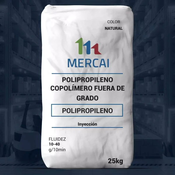 Nombre del producto: PP - HOPP - MFI10 - MERCAI - FUERA DE GRADO Categoría: Polipropileno Material: Polipropileno copolímero Color: Natural Peso: 25 kg Fluidez: 10-40 g/10 min Funcionalidad: Utilizado para inyección Marca: MERCAI Instrucciones: Ninguna visible en la imagen Características diferenciadoras: Producto diseñado para aplicaciones de inyección en procesos industriales.