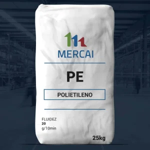 Nombre del producto: PE - LLDPE - MFI20 - MERCAI Categoría: Polietileno Atributos del producto: - Material: Polietileno (PE) - Color: Blanco - Tamaño: 25 kg Detalles técnicos: - Fluidez: 20 g/10min - Marca: MERCAI Uso y funcionalidad: Utilizado en aplicaciones industriales y comerciales para la fabricación de plásticos, envases y productos moldeados. Diferenciadores: El producto presenta características de alta fluidez, lo cual es importante para procesos de moldeo por inyección. Texto visible: - "PE" - "POLIETILENO" - "FLUIDEZ 20 g/10min" - "25kg"