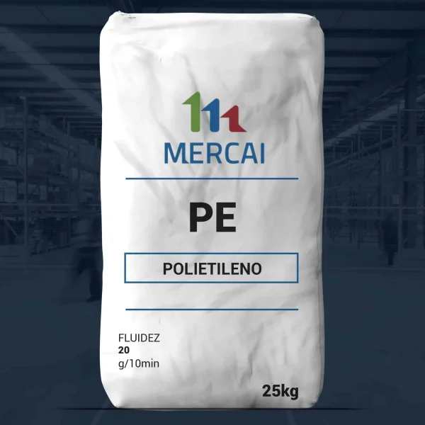 Nombre del producto: PE - LLDPE - MFI20 - MERCAI Categoría: Polietileno Atributos del producto: - Material: Polietileno (PE) - Color: Blanco - Tamaño: 25 kg Detalles técnicos: - Fluidez: 20 g/10min - Marca: MERCAI Uso y funcionalidad: Utilizado en aplicaciones industriales y comerciales para la fabricación de plásticos, envases y productos moldeados. Diferenciadores: El producto presenta características de alta fluidez, lo cual es importante para procesos de moldeo por inyección. Texto visible: - "PE" - "POLIETILENO" - "FLUIDEZ 20 g/10min" - "25kg"