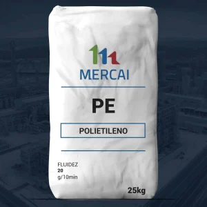 Nombre del producto: PE - LLDPE - MFI20 - MERCAI Categoría: Polietileno Características del producto: - Material: Polietileno (PE) - Color: Blanco (embalaje) - Tamaño: 25 kg (peso neto) - Diseño del embalaje: Bolsa de plástico con gráfico y texto impreso - Información técnica: - Fluidez: 20 g/10min - Marca: MERCAI Elementos diferenciadores: - Tipo de polietileno: LLDPE (Polietileno de baja densidad lineal) - Capacidad de flujo indicada Funcionalidad: - Usado en aplicaciones que requieren propiedades de polietileno, adecuado para diversas aplicaciones industriales y de embalaje. Texto visible: - "PE" - "POLIETILENO" - "FLUIDEZ 20 g/10min" - "25 kg" - "MERCIAI"