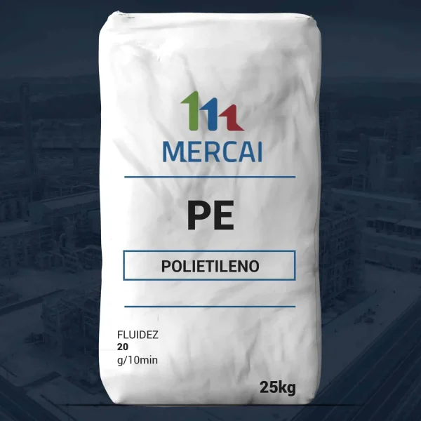 Nombre del producto: PE - LLDPE - MFI20 - MERCAI Categoría: Polietileno Características del producto: - Material: Polietileno (PE) - Color: Blanco (embalaje) - Tamaño: 25 kg (peso neto) - Diseño del embalaje: Bolsa de plástico con gráfico y texto impreso - Información técnica: - Fluidez: 20 g/10min - Marca: MERCAI Elementos diferenciadores: - Tipo de polietileno: LLDPE (Polietileno de baja densidad lineal) - Capacidad de flujo indicada Funcionalidad: - Usado en aplicaciones que requieren propiedades de polietileno, adecuado para diversas aplicaciones industriales y de embalaje. Texto visible: - "PE" - "POLIETILENO" - "FLUIDEZ 20 g/10min" - "25 kg" - "MERCIAI"