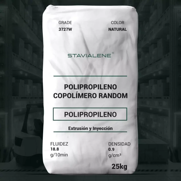 Nombre del producto: PP - RANDOM - MFI18.8 - STAVIALENE - 3727W Categoría: Polipropileno Marca: STAVIALENE Color: Natural Tamaño: 25 kg **Características del producto:** - Material: Polipropileno (Copolímero Random) - Fluidez: 18.8 g/10 min - Densidad: 0.9 g/cm³ **Descripción funcional:** - Aplicación: Extrusión e inyección. - Ideal para la producción de partes y productos delgados, tapones y cierres. - Ofrece un equilibrio óptimo entre propiedades mecánicas (tensiles, flexibilidad e impacto) y procesabilidad. - Mejora la resistencia al impacto y permite tiempos de ciclo rápidos, así como claridad en contactos en moldes de múltiples cavidades. **Información adicional:** Distribuido por: Stavian Chemical Joint Stock Company Dirección: 5ª Planta, Century Tower, 458 Minh Khai St., Hai Ba Trung Dist., Hanoi, Vietnam Teléfono: +84 24 730 68868 Fax: +84 24 3795 1071 Página web: http://www.stavianchem.com **Nota:** Datos desarrollados bajo condiciones de laboratorio, no se deben utilizar como especificaciones, máximos o mínimos.