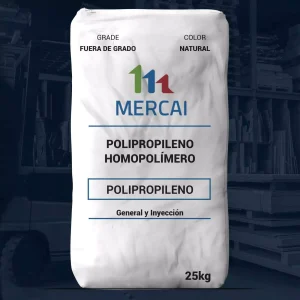 Nombre del producto: PP - HOPP - MFI 12-15 - MERCAI - FUERA DE GRADO Categoría: Polipropileno Atributos del producto: - Material: Polipropileno Homopómero - Color: Natural - Tamaño: 25 kg - Funcionalidad: General y Inyección - Grado: Fuera de grado Texto visible: - Marca: MERCAI - Información adicional: POLIPROPILENO, General y Inyección Diferenciadores técnicos: - Grado de material especificado (Fuera de grado) - Tipo de polímero identificado (Homopómero)