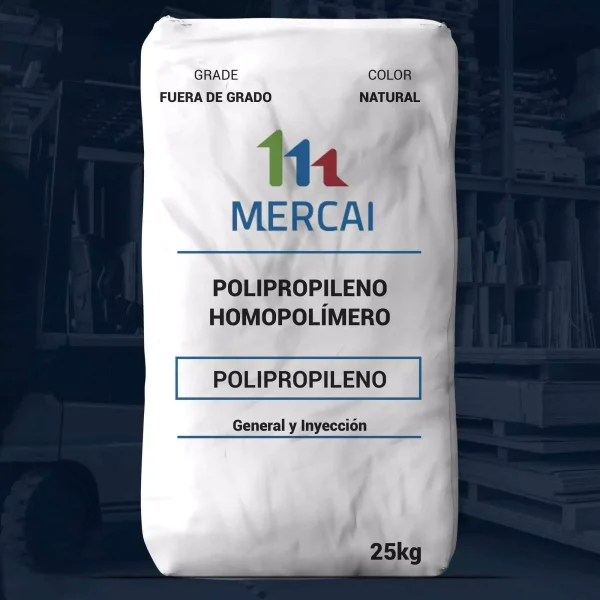 Nombre del producto: PP - HOPP - MFI 12-15 - MERCAI - FUERA DE GRADO Categoría: Polipropileno Atributos del producto: - Material: Polipropileno Homopómero - Color: Natural - Tamaño: 25 kg - Funcionalidad: General y Inyección - Grado: Fuera de grado Texto visible: - Marca: MERCAI - Información adicional: POLIPROPILENO, General y Inyección Diferenciadores técnicos: - Grado de material especificado (Fuera de grado) - Tipo de polímero identificado (Homopómero)