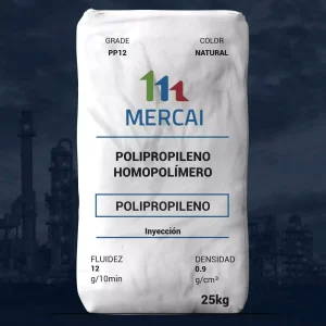 Nombre del producto: PP- MFI 12-MERCAI Categoría: Polipropileno Atributos del producto: - Material: Polipropileno - Color: Natural - Tamaño del empaque: 25 kg - Fluidez: 12 g/10min - Densidad: 0.9 g/cm³ Detección de texto visible: - Marca: MERCAI - Tipo: Polipropileno homopolímero - Uso: Inyección Diferenciadores o elementos técnicos: - Clasificación de grado: PP12 Funcionalidad e uso: El polipropileno se utiliza en aplicaciones de inyección, proporcionando flexibilidad y resistencia en productos finales.