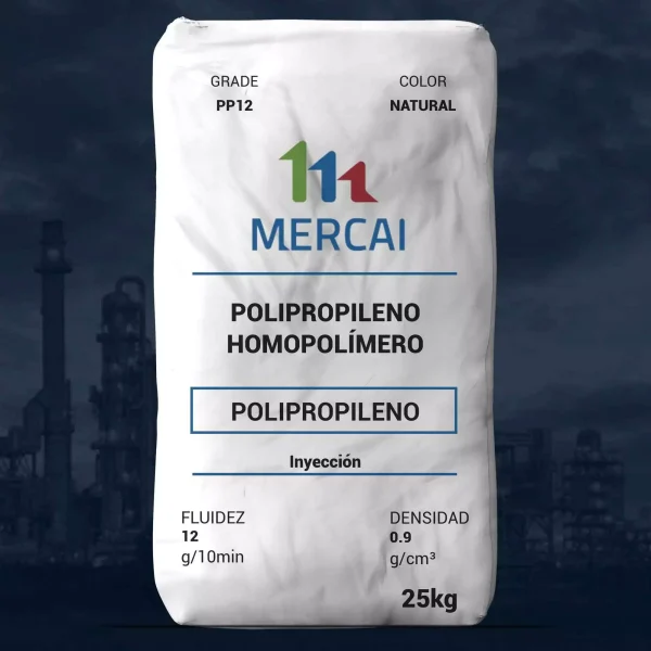Nombre del producto: PP- MFI 12-MERCAI Categoría: Polipropileno Atributos del producto: - Material: Polipropileno - Color: Natural - Tamaño del empaque: 25 kg - Fluidez: 12 g/10min - Densidad: 0.9 g/cm³ Detección de texto visible: - Marca: MERCAI - Tipo: Polipropileno homopolímero - Uso: Inyección Diferenciadores o elementos técnicos: - Clasificación de grado: PP12 Funcionalidad e uso: El polipropileno se utiliza en aplicaciones de inyección, proporcionando flexibilidad y resistencia en productos finales.