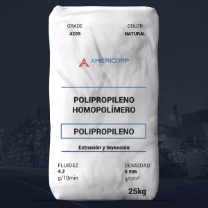 Nombre del producto: PP - HOPP - MFI4.2 - AMERICORP - 4209 Marca: AMERICORP INTERNATIONAL Categoría: Polipropileno Color: Natural Tamaño: 25 kg Propiedades nominales: - Fluidez: 4.2 g/10 min - Densidad: 0.906 g/cm³ Tipo de material: Polipropileno homopolímero (PPHR) Aplicaciones típicas: - Respaldo de alfombras - Bolsas tejidas - Cuerda Detalles técnicos: - Cumple con las normativas de la FDA según 21 CFR 177.1520(c)1.1a Características destacadas: - Extrusión y moldeo por inyección No se observan elementos adicionales como conectores o botones visibles en la imagen.