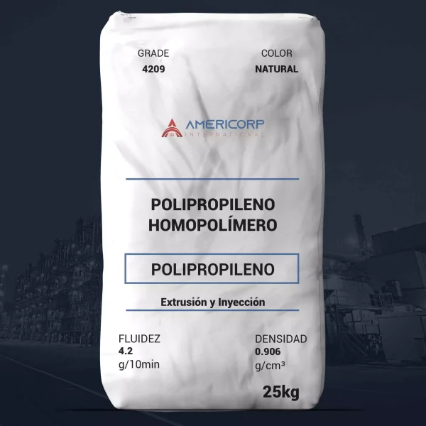 Nombre del producto: PP - HOPP - MFI4.2 - AMERICORP - 4209 Marca: AMERICORP INTERNATIONAL Categoría: Polipropileno Color: Natural Tamaño: 25 kg Propiedades nominales: - Fluidez: 4.2 g/10 min - Densidad: 0.906 g/cm³ Tipo de material: Polipropileno homopolímero (PPHR) Aplicaciones típicas: - Respaldo de alfombras - Bolsas tejidas - Cuerda Detalles técnicos: - Cumple con las normativas de la FDA según 21 CFR 177.1520(c)1.1a Características destacadas: - Extrusión y moldeo por inyección No se observan elementos adicionales como conectores o botones visibles en la imagen.