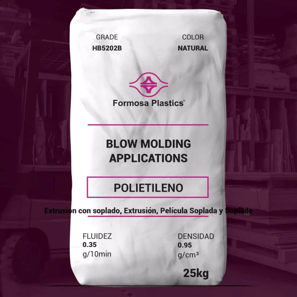 Nombre del producto: Resina de Polietileno de Alta Densidad (HDPE) Marca: Formosa Plastics Categoría: Polietileno Grado: HB5202B Color: Natural Peso: 25 kg Fluidez: 0.35 g/10 min Densidad: 0.95 g/cm³ Aplicaciones sugeridas: - Aplicaciones de moldeo por soplado - Contenedores - Biocidas y detergentes - Cubiertas industriales - Productos químicos - Tanques Características técnicas: - Resistencia a la fisuración por tensión ambiental (ESCR): 50 horas - Resistencia de tracción al romper (Tensile Yield Strength): 3900 psi (27 MPa) - Alargamiento máximo: >600% - Temperatura de fragilidad: <-180 °F (<-118 °C) - Módulo de flexión: 190,000 psi (1309 MPa) Certificación: Cumple con los requisitos de la FDA para contacto directo con alimentos (21 CFR 177.1520) Nota: Las propiedades nominales reportadas son típicas del producto, pero no reflejan la variabilidad normal de las pruebas y no deben usarse para fines de especificación.