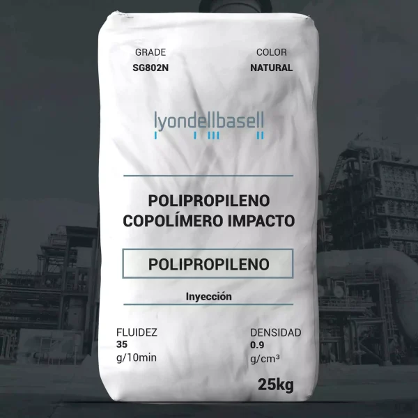 Nombre del producto: PP - IMPACTO - MFI35 - LYONDELLBASELL - PRO-FAX SG802N Categoría: Polipropileno Marca: LyondellBasell Color: Natural Tamaño: 25 kg Características técnicas: - Fluidez: 35 g/10 min - Densidad: 0.9 g/cm³ Uso y funcionalidad: - Tipo de material: Polipropileno copolímero de impacto - Método de procesamiento: Inyección - Aplicaciones sugeridas: Aplicaciones automotrices interiores; Contenedores de alimentos; Bajo el capó Diferenciadores técnicos: - Resistencia al impacto a bajas temperaturas - Servicio en el mercado: Activo - Disponibilidad: América del Norte Advertencias adicionales: - Información de cumplimiento regulatorio disponible en el boletín de productos y la hoja de datos de seguridad correspondientes. Nota: La información aquí presentada se considera representativa y no debe ser interpretada como límites de especificación.