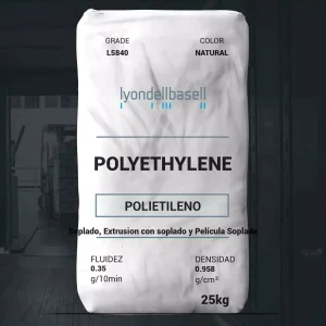 Nombre del producto: PE - HDPE - MFI0.35 - LYONDELLBASELL - ALATHON L5840 Categoría: Polietileno Características del producto: - Material: Polietileno de alta densidad (HDPE) - Color: Natural - Tamaño: 25 kg Propiedades técnicas: - Fluidez (Melt Index): 0.35 g/10 min - Densidad: 0.958 g/cm³ Aplicaciones: - Soplado, Extrusión con soplado y Película Soplada - Productos químicos domésticos, productos químicos industriales, botellas de detergente y motor Detalles adicionales: - Marca: LyondellBasell - Clasificación del producto: Grado L5840 Diferenciadores técnicos: - Proporciona estabilidad en el procesamiento - Ideal para contacto con alimentos conforme a la regulación 21 CFR 177.1520 Información de contacto: - Lyondell Chemical Company - Teléfono: 800.615.8999 - Sitio web: http://www.Lyondell.com