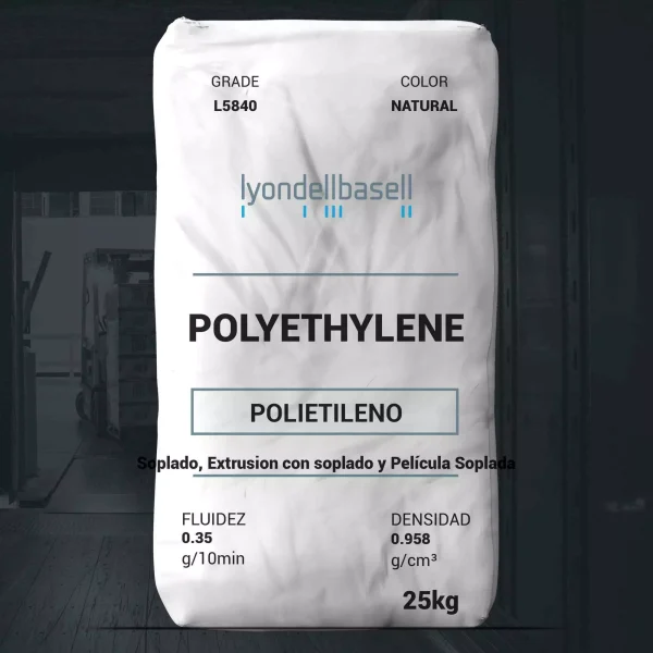 Nombre del producto: PE - HDPE - MFI0.35 - LYONDELLBASELL - ALATHON L5840 Categoría: Polietileno Características del producto: - Material: Polietileno de alta densidad (HDPE) - Color: Natural - Tamaño: 25 kg Propiedades técnicas: - Fluidez (Melt Index): 0.35 g/10 min - Densidad: 0.958 g/cm³ Aplicaciones: - Soplado, Extrusión con soplado y Película Soplada - Productos químicos domésticos, productos químicos industriales, botellas de detergente y motor Detalles adicionales: - Marca: LyondellBasell - Clasificación del producto: Grado L5840 Diferenciadores técnicos: - Proporciona estabilidad en el procesamiento - Ideal para contacto con alimentos conforme a la regulación 21 CFR 177.1520 Información de contacto: - Lyondell Chemical Company - Teléfono: 800.615.8999 - Sitio web: http://www.Lyondell.com