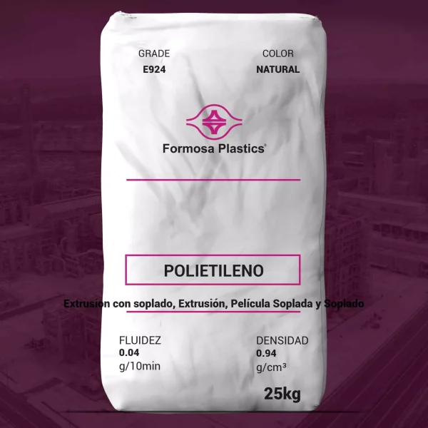 Nombre del producto: Formolene E924 Categoría: Polietileno Marca: Formosa Plastics Color: Natural Tamaño del paquete: 25 kg Propiedades físicas nominales: - Fluidez (Melt Index): 0.04 g/10 min - Densidad: 0.94 g/cm³ Características destacadas: - Material: Polietileno de alta densidad de peso molecular alto (HDPE-HMW) - Aplicaciones sugeridas: Bolsas tipo T-shirt, forros para bolsas de varios muros, forros para botes de basura y bolsas de gran resistencia, bolsas de mercancía. - Proceso: Extrusión, película soplada. Textos visibles: - Grade: E924 - Fluidez: 0.04 g/10 min - Densidad: 0.94 g/cm³ - Poli(etileno) Detalles de uso: - Diseñado para aplicaciones de extrusión de películas delgadas. - Proporciona buena rigidez y propiedades físicas balanceadas. Nota: Las propiedades de película están basadas en condiciones de laboratorio.