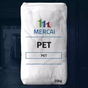 Nombre del producto: PET Marca: MERCAI Categoría: Tereftalato de Polietileno (PET) Material: PET (Polietileno Tereftalato) Peso: 25 kg Color: Blanco (asumido del empaque) Descripción del empaque: Saco de plástico con impresión en colores. Características adicionales: - Uso: Material plástico para diversas aplicaciones, incluyendo envases y productos moldeados.