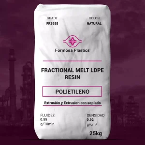 Nombre del producto: Formolene FR2955 Categoría: Polietileno Marca: Formosa Plastics Color: Natural Tamaño: 25 kg Características físicas: - Fluidez: 0.55 g/10 min - Densidad: 0.92 g/cm³ Uso y funcionalidad: - Resina de polietileno de baja densidad (LDPE) - Aplicaciones recomendadas: films de shrink de medio duty, films de co-extrusión, films de laminado. Aspectos técnicos: - Se presenta en forma de bolsa. - Extrusión y procesamiento mediante soplado. Nota: La información sobre las propiedades del film puede variar según las condiciones de operación y el equipo de extrusión.