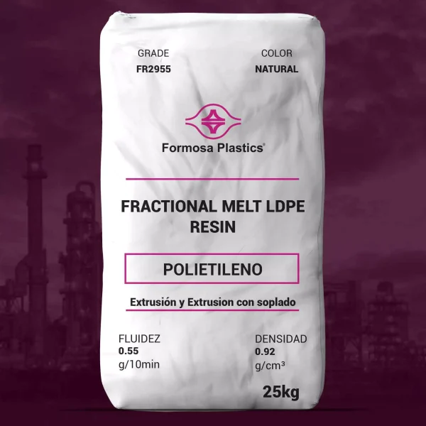 Nombre del producto: Formolene FR2955 Categoría: Polietileno Marca: Formosa Plastics Color: Natural Tamaño: 25 kg Características físicas: - Fluidez: 0.55 g/10 min - Densidad: 0.92 g/cm³ Uso y funcionalidad: - Resina de polietileno de baja densidad (LDPE) - Aplicaciones recomendadas: films de shrink de medio duty, films de co-extrusión, films de laminado. Aspectos técnicos: - Se presenta en forma de bolsa. - Extrusión y procesamiento mediante soplado. Nota: La información sobre las propiedades del film puede variar según las condiciones de operación y el equipo de extrusión.