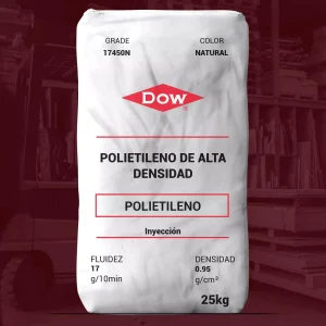 Nombre del producto: PE-HDPE 17450N - DOW Categoría: Polietileno Marca: Dow **Características del producto:** - **Material:** Polietileno de Alta Densidad (HDPE) - **Color:** Natural - **Tamaño del envase:** 25 kg - **Fluidez (Índice de Fluencia):** 17 g/10 min - **Densidad:** 0.95 g/cm³ **Usos y Funcionalidad:** - Resina apta para inyección. - Fabricación de envases y equipamientos en contacto con alimentos. **Aprobaciones y Normativas:** - Aprobado por INAL AS 18537/97. - Cumple con regulación FDA 21 CFR 177.1520. **Consideraciones de Manejo:** - Consultar hojas de seguridad para información sobre salud y seguridad. - No desechar en alcantarillas, suelo o cuerpos de agua. **Diferenciadores Técnicos:** - Buena resistencia al impacto a bajas temperaturas. - Muy buena procesabilidad. **Información adicional:** - Para inquietudes sobre manejo y disposición final, contactar a Polisur SA.