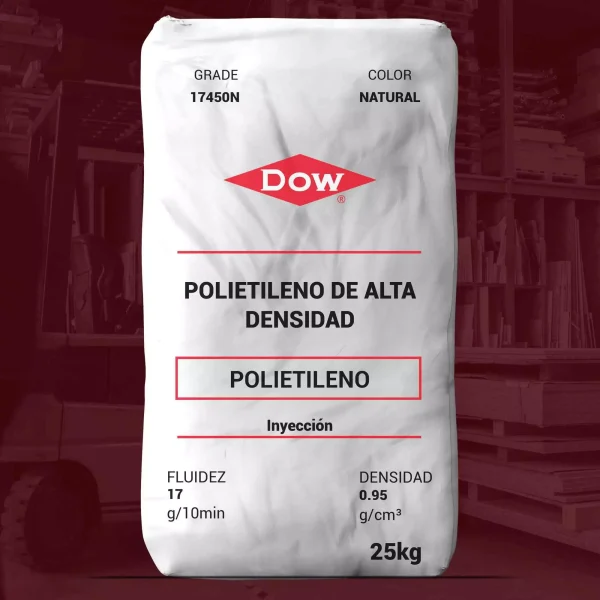 Nombre del producto: PE-HDPE 17450N - DOW Categoría: Polietileno Marca: Dow **Características del producto:** - **Material:** Polietileno de Alta Densidad (HDPE) - **Color:** Natural - **Tamaño del envase:** 25 kg - **Fluidez (Índice de Fluencia):** 17 g/10 min - **Densidad:** 0.95 g/cm³ **Usos y Funcionalidad:** - Resina apta para inyección. - Fabricación de envases y equipamientos en contacto con alimentos. **Aprobaciones y Normativas:** - Aprobado por INAL AS 18537/97. - Cumple con regulación FDA 21 CFR 177.1520. **Consideraciones de Manejo:** - Consultar hojas de seguridad para información sobre salud y seguridad. - No desechar en alcantarillas, suelo o cuerpos de agua. **Diferenciadores Técnicos:** - Buena resistencia al impacto a bajas temperaturas. - Muy buena procesabilidad. **Información adicional:** - Para inquietudes sobre manejo y disposición final, contactar a Polisur SA.