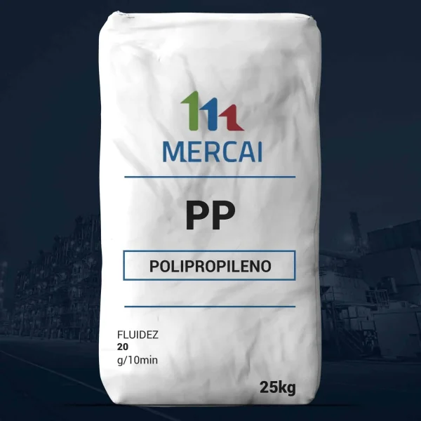 Nombre del producto: PP - HOPP - MFI20 - MERCAI - PP HOMO 20 Categoría: Polipropileno Atributos del producto: - Material: Polipropileno (PP) - Marca: MERCAI - Fluidez: 20 g/10 min - Peso: 25 kg Detalles técnicos: - Capacidad: 25 kg - Textos visibles: "FLUIDEZ 20 g/10min", "POLIPROPILENO" - Diseño del envase: Saco de polipropileno con gráfico simple, color blanco. Uso y funcionalidad: - Producto destinado a la industria del plástico, utilizado en la fabricación de diversos productos plásticos.