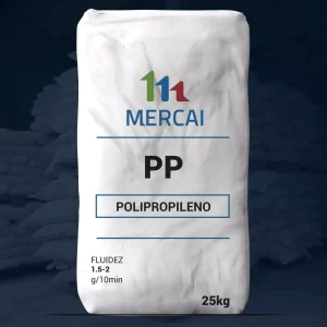 Nombre del producto: PP - COPP - MFI1.5 - MERCAI - FUERA DE GRADO Categoría: Polipropileno Información del producto: - Marca: MERCAI - Material: Polipropileno - Tamaño: 25 kg - Fluidez: 1.5-2 g/10min - Color: No visible (envase blanco) - Forma: Bolsa - Detalles de diseño: Etiqueta con logo y texto descriptivo Funcionalidad: Utilizado para aplicaciones industriales y de fabricación, compatible con diversos procesos de producción de plásticos. Diferenciadores: El producto se presenta en una bolsa de tamaño estándar con especificaciones de fluidez que indican su adecuación para diferentes procesos de moldeo y fabricación.