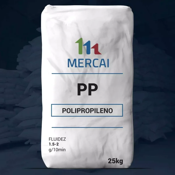 Nombre del producto: PP - COPP - MFI1.5 - MERCAI - FUERA DE GRADO Categoría: Polipropileno Información del producto: - Marca: MERCAI - Material: Polipropileno - Tamaño: 25 kg - Fluidez: 1.5-2 g/10min - Color: No visible (envase blanco) - Forma: Bolsa - Detalles de diseño: Etiqueta con logo y texto descriptivo Funcionalidad: Utilizado para aplicaciones industriales y de fabricación, compatible con diversos procesos de producción de plásticos. Diferenciadores: El producto se presenta en una bolsa de tamaño estándar con especificaciones de fluidez que indican su adecuación para diferentes procesos de moldeo y fabricación.