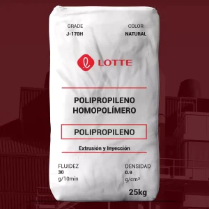 Nombre del producto: PP - HOPP - MFI30 - LOTTE - J-170H Categoría: Polipropileno Marca: Lotte Color: Natural Peso: 25 kg Atributos y características técnicas: - Tipo de material: Polipropileno homopolímero - Fluidez: 30 g/10min (ASTM D1238) - Densidad: 0.9 g/cm³ (ASTM D792) Aplicaciones: - Bienes industriales - Productos para el hogar - Electrodomésticos y electrónicos Propiedades mecánicas: - Estrés de tracción (límite): 360 kgf/cm² (ASTM D638) - Deformación de tracción (ruptura): <100% (ASTM D638) - Módulo de flexión: 17,000 kgf/cm² (ASTM D790) - Resistencia al impacto Izod (no muestrado, 23℃): 3.0 kgf·cm/cm (ASTM D256) - Temperatura de deflexión al calor (4.6 kgf/cm²): 115℃ (ASTM D648) Certificaciones: - ISO 9001, 14001, /TS 16949 Nota: La información sobre propiedades físicas no debe considerarse como especificaciones. Última actualización: 2022/09/21.