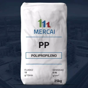 Nombre del producto: PP - HOPP - MFI12 - MERCAI - 412 Categoría: Polipropileno Atributos del producto: - Material: Polipropileno - Marca: MERCAI - Fluidez: 12 g/10min - Densidad: 0.92 g/cm³ - Tamaño del envase: 25 kg Características técnicas: - Tipo de producto: Resina plástica - Funcionalidad: Utilizada en la fabricación de diversos productos plásticos - Aplicaciones: Puede ser empleado en sectores como la construcción, manufactura de envases, o textiles. Textos visibles: - "MERCAI" - "PP" - "POLIPROPILENO" - "FLUIDEZ 12 g/10min" - "DENSIDAD 0.92 g/cm³" - "25kg"