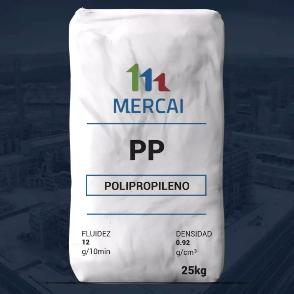 Nombre del producto: PP - HOPP - MFI12 - MERCAI - 412 Categoría: Polipropileno Atributos del producto: - Material: Polipropileno - Marca: MERCAI - Fluidez: 12 g/10min - Densidad: 0.92 g/cm³ - Tamaño del envase: 25 kg Características técnicas: - Tipo de producto: Resina plástica - Funcionalidad: Utilizada en la fabricación de diversos productos plásticos - Aplicaciones: Puede ser empleado en sectores como la construcción, manufactura de envases, o textiles. Textos visibles: - "MERCAI" - "PP" - "POLIPROPILENO" - "FLUIDEZ 12 g/10min" - "DENSIDAD 0.92 g/cm³" - "25kg"