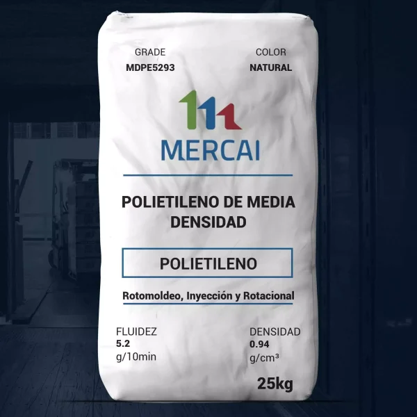 Nombre del producto: MDPE5293 Categoría: Polietileno Marca: MERCAI Descripción: Polietileno de media densidad, combina rigidez y flexibilidad, ideal para moldeo rotacional. Color: Natural Presentación: Pulverizado Aditivo: Protector UV Aplicaciones: Juguetes, contenedores/tanques, moldeo personalizado de uso general, piezas marinas/acuáticas. Propiedades: - Fluidez: 5.2 g/10 min (ASTM D 1238) - Densidad: 0.94 g/cm³ (ASTM D792) - Tamaño de partícula: 2.877% (malla 35, ASTM D1921) Presentación: 25 kg Nota: Los resultados son evaluaciones de laboratorio y pueden variar en condiciones de uso por parte del cliente.