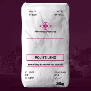 Nombre del producto: PE - HDPE - MFI0.3 - FORMOSA - FORMOLENE HF3728 Categoría: Polietileno Marca: Formosa Plastics Características del producto: - Material: Polietileno de alta densidad (HDPE) - Color: Natural - Tamaño: 25 kg por bolsa - Densidad: 0.93 g/cm³ - Fluidez: 0.3 g/10 min Descripción del uso y funcionalidad: - Diseñado para aplicaciones de extrusión de película - Aplicaciones sugeridas: forros de basurero, productos agrícolas Diferenciadores técnicos: - Cumple con los requisitos de la FDA para contacto directo con alimentos - Balance excelente de propiedades de tensión, impacto y rasgado en película delgada Texto visible en la imagen: - "POLIETILENO" - "Extrusión y Extrusión con soplado" - "FLUIDEZ 0.3 g/10min" - "DENSIDAD 0.93 g/cm³" - "25kg" - "GRADE HF3728" - "COLOR NATURAL" Este producto se presenta en bolsa de 25 kg y es idóneo para ser utilizado en procesos industriales donde se requiera un material con propiedades específicas para la extrusión de películas.