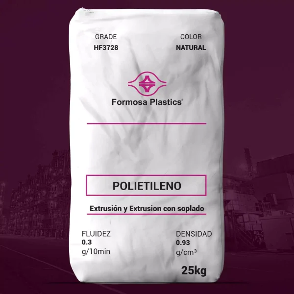 Nombre del producto: PE - HDPE - MFI0.3 - FORMOSA - FORMOLENE HF3728 Categoría: Polietileno Marca: Formosa Plastics Características del producto: - Material: Polietileno de alta densidad (HDPE) - Color: Natural - Tamaño: 25 kg por bolsa - Densidad: 0.93 g/cm³ - Fluidez: 0.3 g/10 min Descripción del uso y funcionalidad: - Diseñado para aplicaciones de extrusión de película - Aplicaciones sugeridas: forros de basurero, productos agrícolas Diferenciadores técnicos: - Cumple con los requisitos de la FDA para contacto directo con alimentos - Balance excelente de propiedades de tensión, impacto y rasgado en película delgada Texto visible en la imagen: - "POLIETILENO" - "Extrusión y Extrusión con soplado" - "FLUIDEZ 0.3 g/10min" - "DENSIDAD 0.93 g/cm³" - "25kg" - "GRADE HF3728" - "COLOR NATURAL" Este producto se presenta en bolsa de 25 kg y es idóneo para ser utilizado en procesos industriales donde se requiera un material con propiedades específicas para la extrusión de películas.