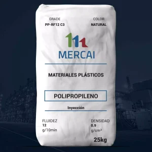 Nombre del producto: PP-RF12 C3 Marca: MERCAI Categoría: Polipropileno **Características del Producto:** - **Material:** Polipropileno copolímero random - **Color:** Natural - **Tamaño:** 25 kg - **Fluidez (Melt Mass-Flow Rate, MFR):** 12 g/10 min - **Densidad:** 0.9 g/cm³ **Usos:** - Artículos domésticos - Envases rígidos transparentes **Datos Técnicos:** - **Método de proceso:** Moldeo por inyección - **Tensile Strength at Yield:** 4400 psi (30 MPa) - **Elongación al romper:** 13.0 % - **Flexural Modulus (1% secante):** 155000 psi (1069 MPa) - **Impacto Notched Izod (73°F/23°C):** 1.5 ft-lb/in (80 J/m) - **Gardner Impact (23°C):** 170 in-lb (19 J) **Notas Importantes:** - No debe usarse en aplicaciones médicas sin reconocimiento previo por escrito - Almacenar en un lugar seco y ventilado a temperatura ambiente **Sentencia Legal:** Este producto no ofrece garantía para fines específicos del usuario final.