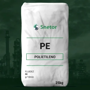 Nombre del producto: PE - LLDPE - MFI 50 - 5026N Categoría: Polietileno Marca: Snetor Material: Polietileno (PE) Características técnicas: - Fluidez: 50 g/10 min - Tamaño del envase: 25 kg Uso y funcionalidad: Producto utilizado en aplicaciones de plásticos, blending y extrusión. Diferenciadores: La especificación de fluidez (MFI) sugiere que es adecuado para procesos de inyección o extrusión. Texto visible: - "PE" - "POLIETILENO" - "FLUIDEZ 50 g/10min" - "25kg"